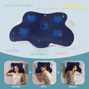 Ергономічна подушка для шиї, подушка для голови, подушка для зняття болю в шиї, подушка-метелик, подушка для сну на животі, подушка з піни з ефектом пам&39яті, темно-синя, подушка для сну на боці, ортопедична подушка для підтримки шиї