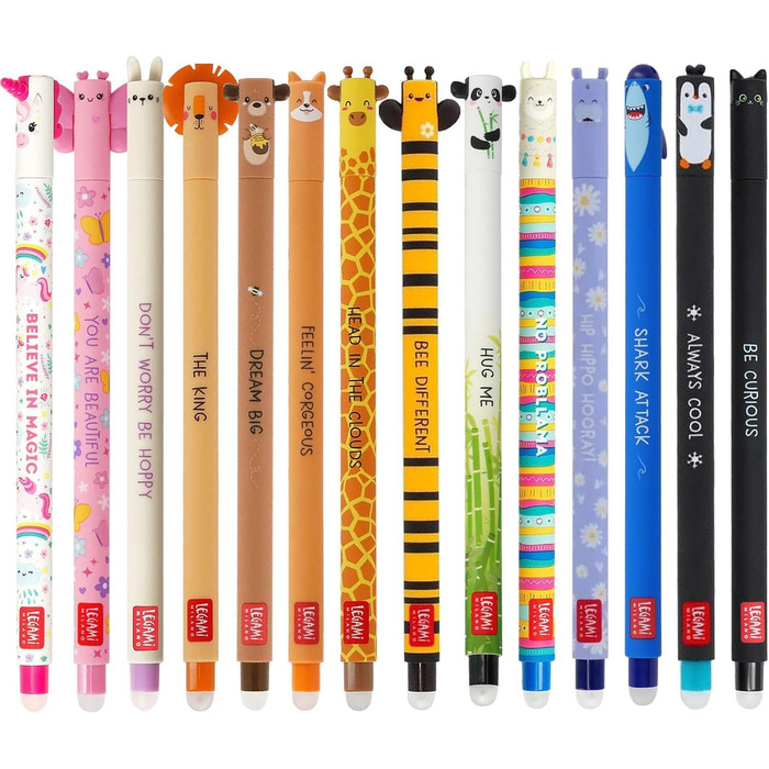 Набір із 14 гелевих ручок, що стираються, з термочутливою гумкою, різні кольори чорнил та дизайни корпусу, наконечник 0,7 мм, мотиви тварин, 14 предметів