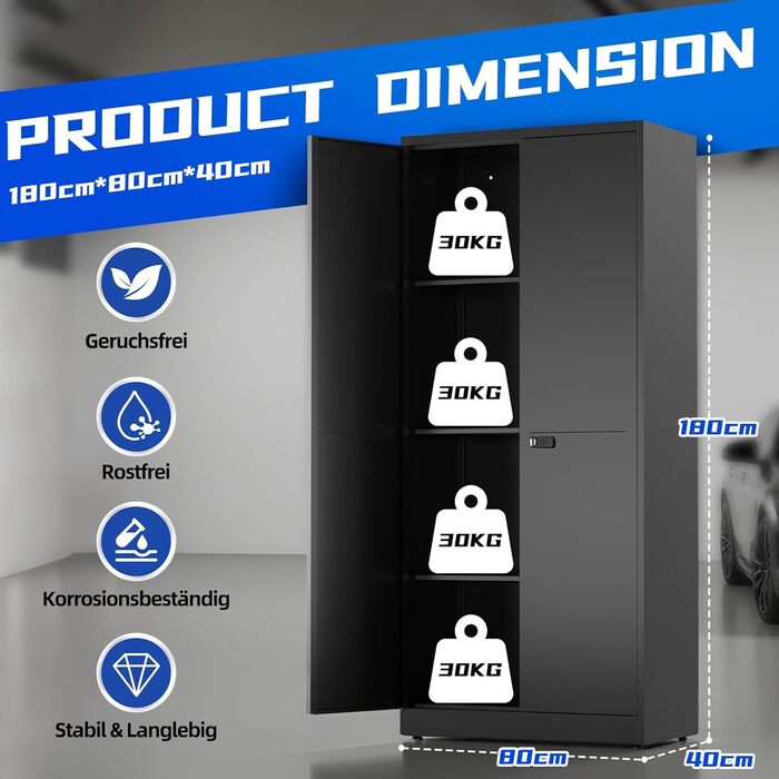 Шафа для документів, металева шафа, що замикається, багатоцільова шафа з кодовим замком, шафа для інструментів, регульовані полиці, гараж, комора, офіс, вітальня, 180 см x 80 см x 40 см, чорний