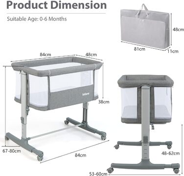 Дитяче ліжечко LIFEZEAL 3-в-1, 5-рівневе регульоване по висоті дитяче ліжечко, дитяча колиска/ліжечко для купання з матрацом, мобільне ліжечко на колесах з сумкою для перенесення, дитяче ліжечко для немовлят від народження до 9 кг (світло-сірий)