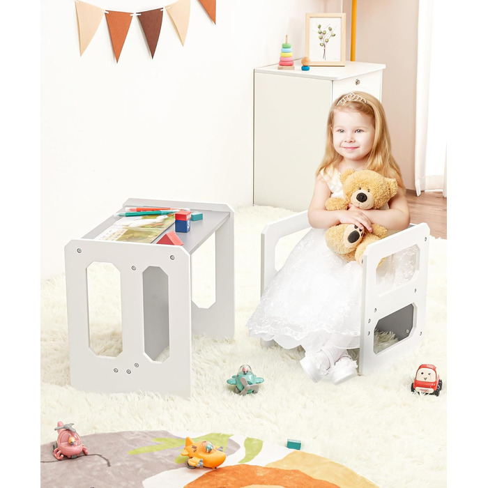 Комплект столу та стільців Yorbay для дітей, Дитячий стіл з 1 стільцем, Дитячий комплект сидіння 3 в 1 - Двосторонній стілець та дитяча лавка, що трансформується в робочу станцію, Дитячі меблі (Сірий, M) Сірий середній