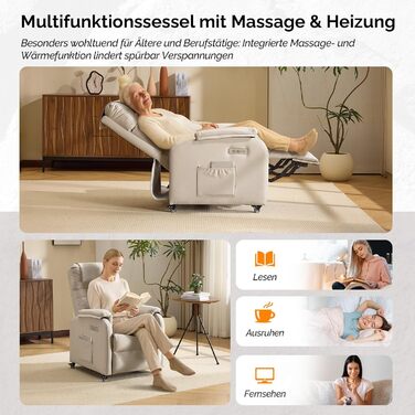 Крісло Bonnlo Recliner, крісло для телевізора, електричне масажне крісло з функцією відкидання, крісло для телевізора, 2-точковий масаж та функція підігріву, порти USB-C та USB-A, 1 бічна кишеня, шкіра, стійка до подряпин, бежевий колір