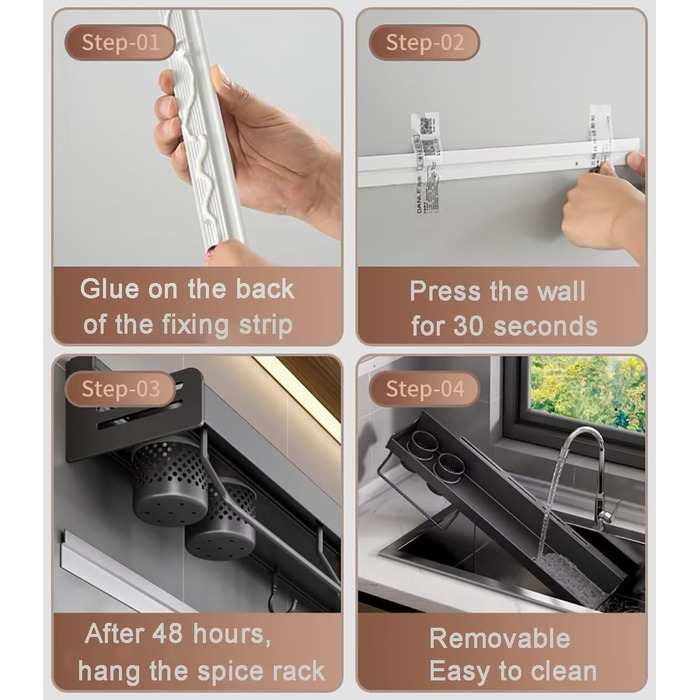 Настінна полиця для спецій, органайзер для спецій без свердління, підвісні полиці для спецій, клейкий тримач для спецій, металева настінна полиця для кухонних дверцят шаф, кухонна, полиця для спецій, 80 см, чорна.