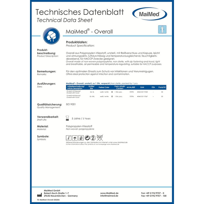 Комбінезон робочий захисний MaiMed, білий, розмір XL