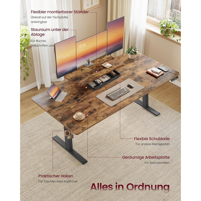 Письмовий стіл з регульованою висотою, 140 x 70 см, гнучка підставка для монітора, шухляда, порт USB-C, нагадування про тривале сидіння, для офісу, вінтажний коричневий LSD154KD01 140 x 70 см вінтажний коричневий