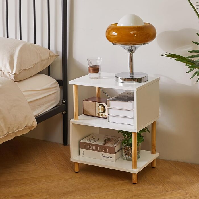 Білий журнальний столик, тумбочка, журнальний столик, журнальний столик з 2 відкритими відділеннями для спальні, вітальні, білий ніжки кольору дерева, YD-TM152W Дерев&39яні ніжки білі