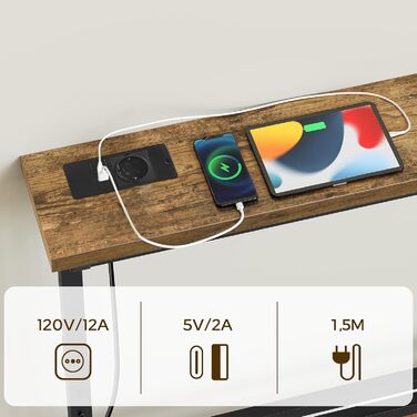 Вузький консольний столик, вузький столик для передпокою, столик для передпокою довжиною 180 см, 1 розетка змінного струму, 1 порт USB-A, 1 порт Type-C, для вітальні, передпокою, вінтажний коричнево-чорний XCT08CBR 180 x 15 x 70-90 см Вінтажний коричневий