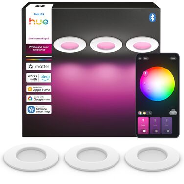 Набір вбудованих світильників Philips Hue Slim Downlight (3 шт.), LED, 1000 лм, 90 мм, тонкий дизайн, повний спектр денного світла 100020 000 K, плавне димування, точна передача кольорів, Smart Lighting, білий, нове покоління розміру S