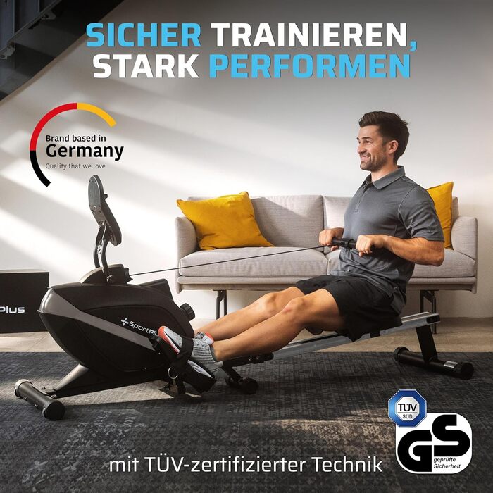 Складаний гребний тренажер SportPlus для домашнього використання - Розроблено в Німеччині - Для початківців та досвідчених користувачів - Гребний тренажер з магнітним опором, надзвичайно тихий, складний та компактний, до 150 кг, чорний/сірий - Сумісний із