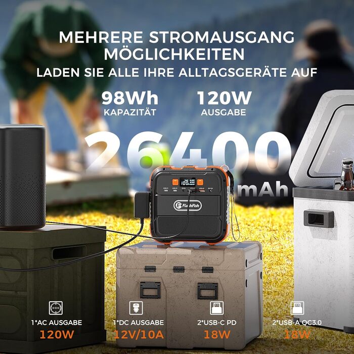 Портативна електростанція Flashfish 98 Втгод, сонячний генератор потужністю 120 Вт з акумулятором 230 В змінного/постійного струму/USB/світлодіодним живленням, мобільний генератор для подорожей, кемпінгу, відключення електроенергії вдома.