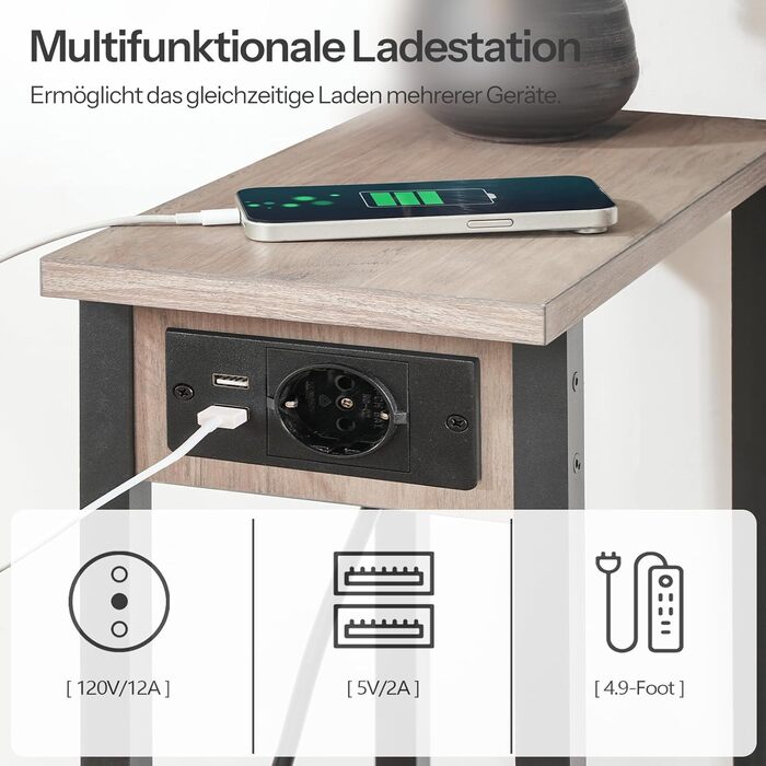 Вузький 2-ярусний бічний столик HOOBRO, диван-столик із зарядною станцією, тумбочка з полицею, журнальний столик, для невеликих приміщень, вітальні, спальні, кабінету, сіро-чорний EBG240CBZ01 сіро-чорний 1