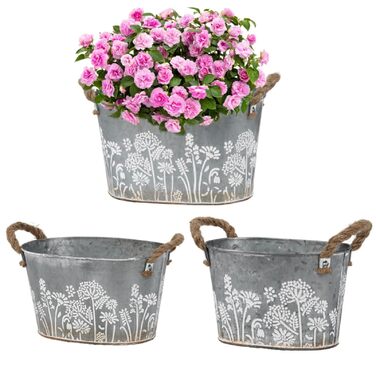 Набір вінтажних вуличних квіткових горщиків, 3 предмети, оцинковані металеві горщики для рослин з мотузковими ручками, відра для квітів/горщики для трав для кухні, балкону та саду, 19/22,5/26 см