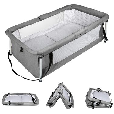 Дитяче ліжечко Homewell Baby Travel Cot, складне дитяче ліжечко з матрацом, портативний намет-ліжечко, оснащений москітною сіткою та іграшками, 90 x 50 см (у зібраному вигляді) / 45 x 50 см (складене) (сірий)
