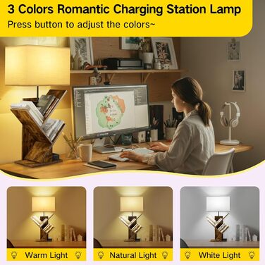 Книжкова полиця GOOGO у формі дерева з підсвічуванням та зарядною станцією, 4-рівнева окремостояча полиця для книг та компакт-дисків, 3 колірні температури, настільна книжкова полиця для вітальні, спальні та домашнього офісу (коричнева)