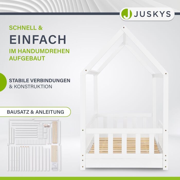 Дитяче ліжко Juskys Marli 90 x 200 см з матрацом, захисними поручнями, рейковою основою та дахом - Ліжко-будиночок з масиву дерева для дітей - Ліжко білого кольору
