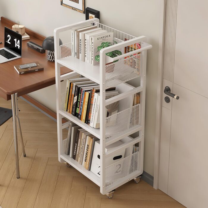 Металевий книжковий візок на колесах, вантажопідйомність 70 кг, бібліотечний візок з ручкою, 3 полиці, книжкова шафа на колесах для вітальні, спальні, офісу, бібліотеки з 3 магнітними підставками для книг білий