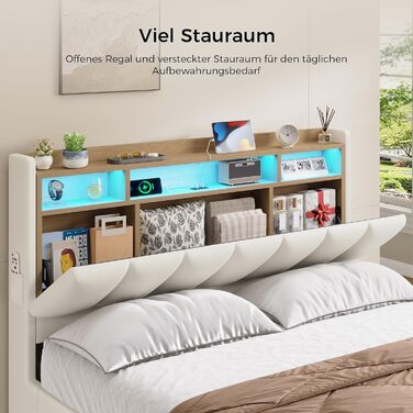 Ліжко зі світлодіодним освітленням, гідравлічне ліжко 140 x 200 см, м&39яке ліжко, узголів&39я з полицею та місцем для зберігання речей, каркас ліжка з рейковою основою, зручне, для спальні, гостьової кімнати, PU білий 140 x 200 білий