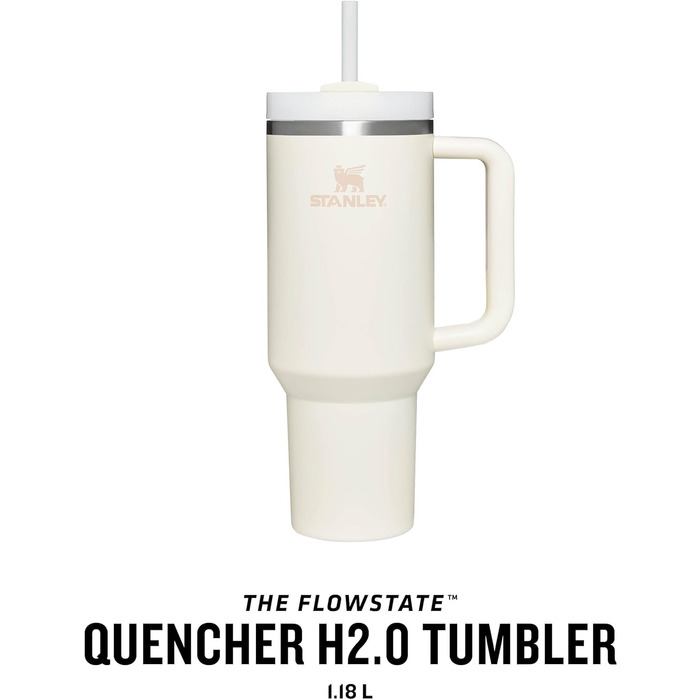 Пляшка для води Stanley Quencher H2.0 FlowState з соломинкою 1,2 л - термокружка охолоджує 11 годин - 48 годин Ice-Cold - Можна мити в посудомийній машині - термос Пляшка BPA Free - Кавова кружка на винос - чорна (кремовий тональний)