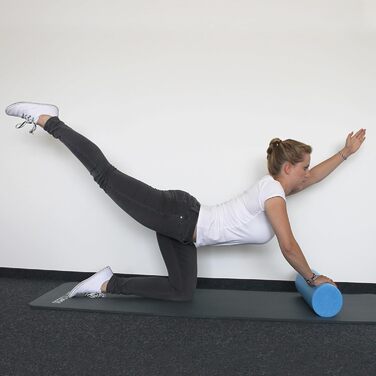 Ролер для пілатесу/йоги Grevinga синього кольору 90 см завдовжки 15 см діаметром твердий в комплекті з плакатом з вправами