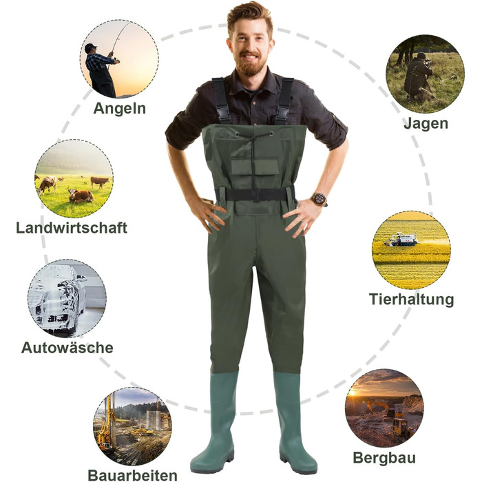 Вейдерси, водонепроникні рибальські вейдерси з нейлону 70D, композитні ПВХ, рибальські штани з нековзними гумовими чобітьми, вейдерси для ставка, вейдерси для захисту від повені, для будівельних майданчиків, риболовлі, ферм, садів, розмір 45 з гачками