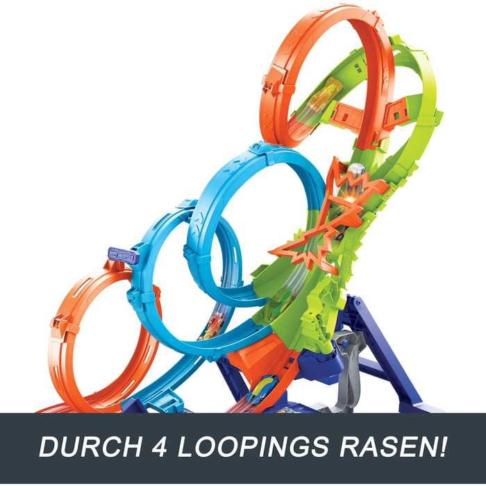 Іграшковий трек Hot Wheels з 4-ма петлями, 3-смуговою зоною зіткнення та прискорювачем на батарейках, складається для зберігання,