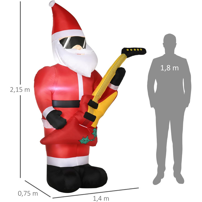 Надувний Дід Мороз з електрогітарою Надувні різдвяні вогні світлодіодні Самонадувні різдвяні прикраси Водонепроникний для внутрішнього та зовнішнього використання, 215