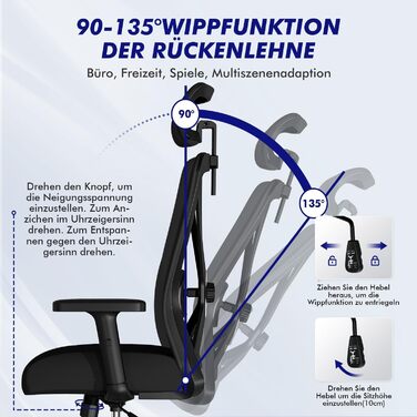 Офісне крісло Daccormax, ергономічне робоче крісло з регульованими підлокітниками, м&39яка поперекова опора та підголівник з натуральної губки, поворотне крісло для керівника з функцією гойдання, вантажопідйомність 200 кг, чорний колір, металева основа та