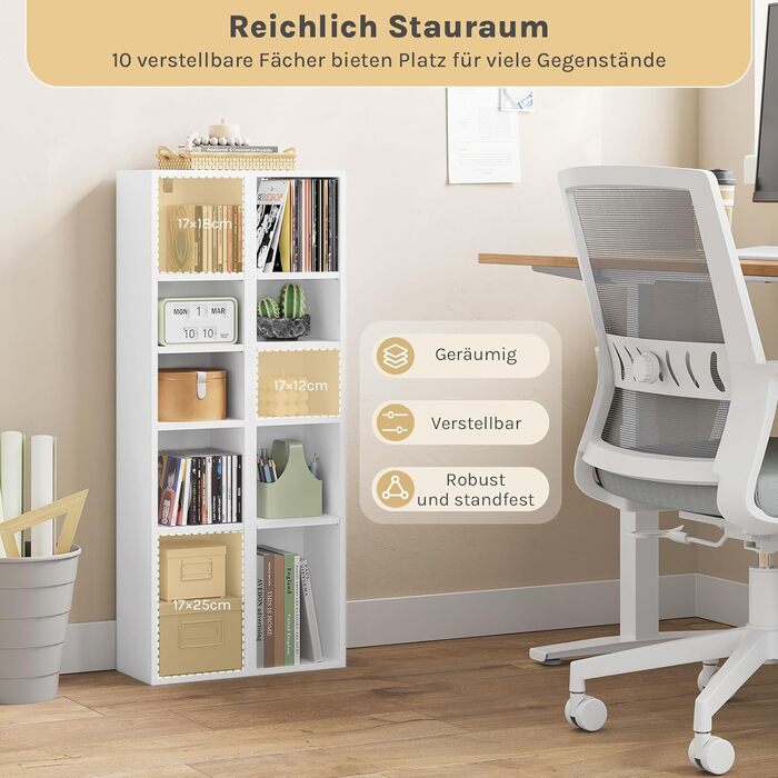 Книжкова полиця WOLTU, полиця з 10 відділеннями, полиця для CD/DVD, біла кубічна полиця, штабелювана полиця, полиця для зберігання, вітальня, білий колір, SK063ws