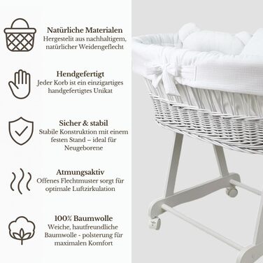 Дитяча колиска з колесами та гальмами Білий кошик Moses з натуральної верби, включаючи матрац та білу постільну білизну зі 100 бавовни, сертифікована Oeko-Tex безпечна та мобільна Модель Amelia