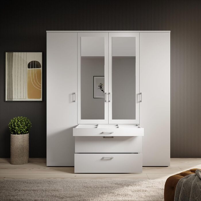 Шафа з дзеркальними дверима білого кольору - Універсальна 4-дверна шафа для вашої спальні - 180 x 195 x 56 см (Ш/В/Г) 4-дверна біла