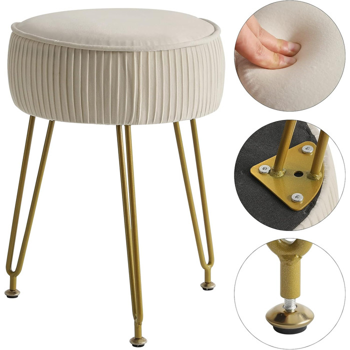 Оксамитова кругла підставка для ніг, бічний столик для макіяжу, оксамитове сидіння для туалетного столика, пуф-табурет, золотисті сталеві ніжки, кремово-білий колір L/G-30M без місця для зберігання, кремово-білий