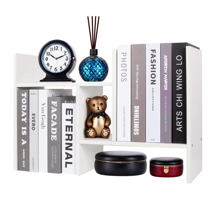 Регульована настільна полиця powerking, дерев&39яна книжкова полиця, органайзер для зберігання на столі, стійка для полиць, розширювана подвійна H-подібна книжкова полиця, білий колір 2432-білий