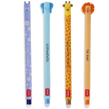 Набір із 4 гелевих гумок, Дика природа, Ручки зі стираним чорнилом, Бегемот, Слон, Жираф та Лев, Стираються без використання паперу, Наконечник 0,7 мм (ДИКА ПРИРОДА)