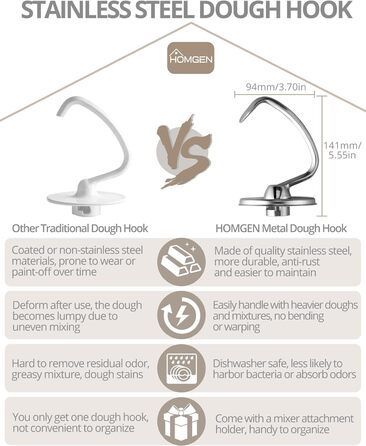 Гачок для тіста HOMGEN для посудомийної машини з нержавіючої сталі Kitchenaid 4.5/5QT Безпечний для кухонного міксера KSM150 K45 K45SS KSM75 KSM175 Заміна