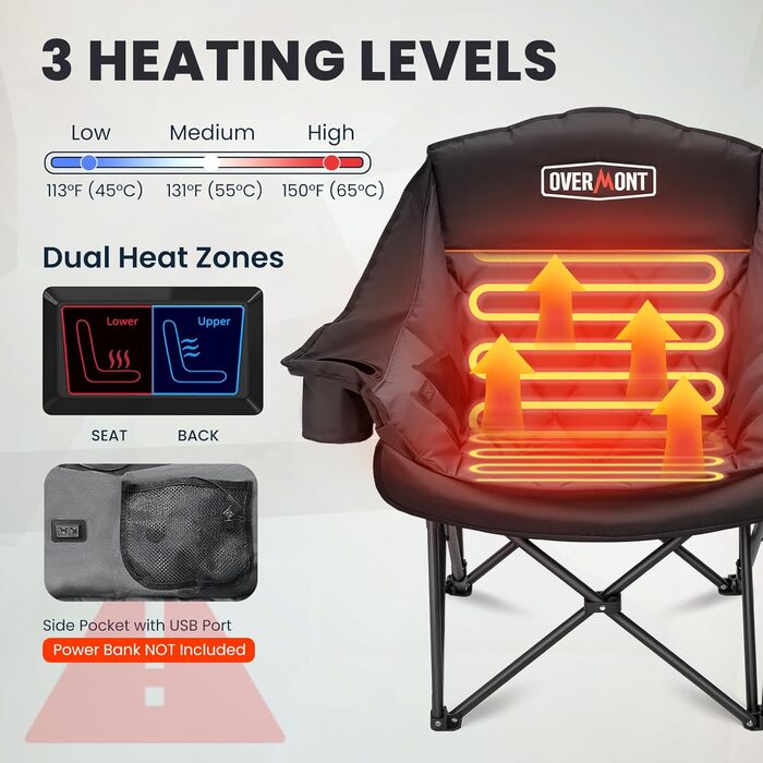 Крісло для кемпінгу OVERMONT з підігрівом XL для дорослих складне крісло, ідеальне для зимових поїздок на природу, кемпінгу, риболовлі, чорного/сірого кольору
