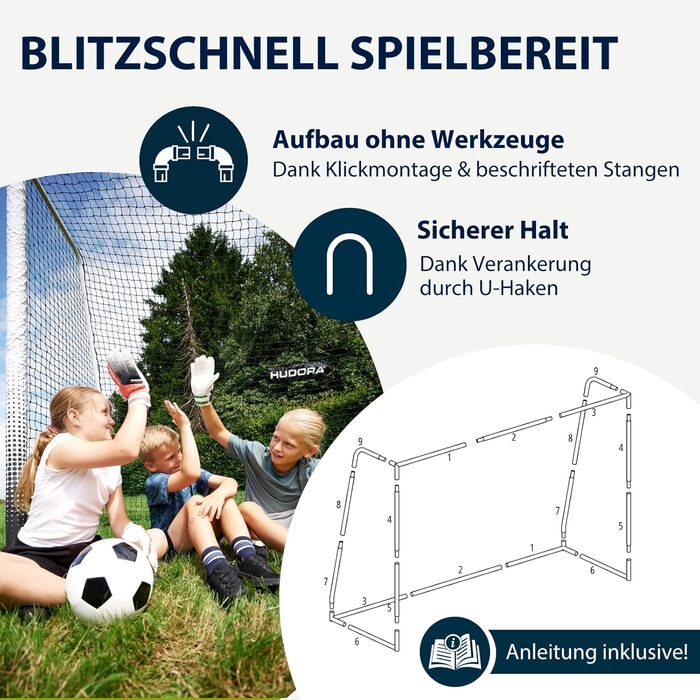 Футбольні ворота HUDORA Pro Tect Advanced Вуличні футбольні ворота з сіткою та всепогодним чохлом для дітей/дорослих Легке складання в саду Стінка воріт із застібками-блискавками та липучками, білі, 180 x 120 см