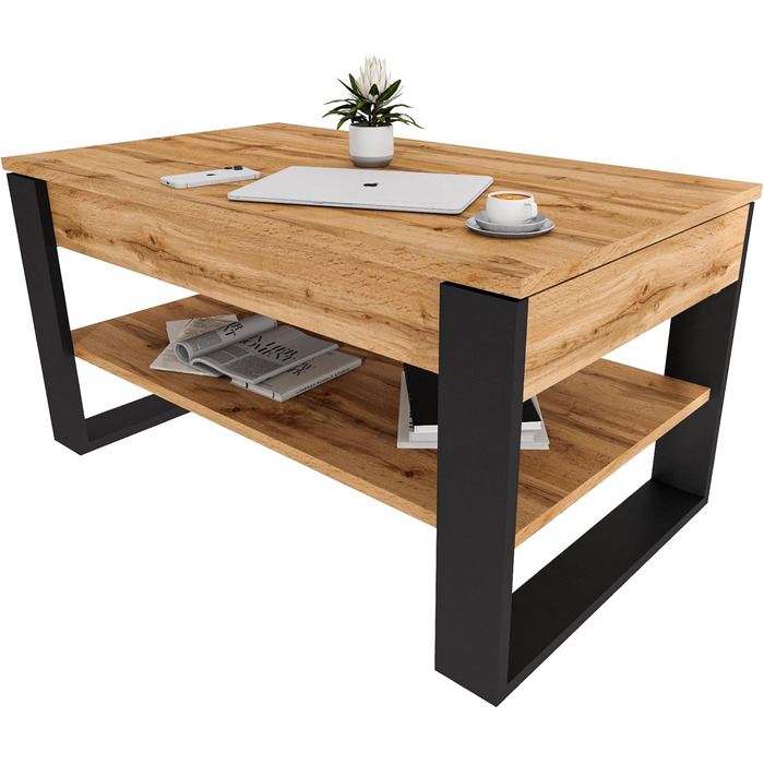 Журнальний столик з підйомною стільницею Стіл для вітальні з регульованою висотою та місцем для зберігання Сучасний чорний дубовий диванний столик Wotan з полицею та прихованим відділенням Журнальний столик для вітальні та офісу, чорний