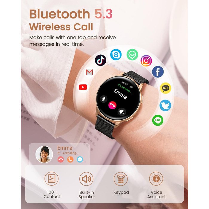 Жіночий смарт-годинник RUXINGX, круглий смарт-годинник 1,27 дюйма з функцією телефону, 24-годинний монітор серцевого ритму SpO2, фітнес-годинник з монітором сну, 126 спортивних режимів, крокомір, IP68, сумісний з iOS/Android, подарунковий годинник для жін