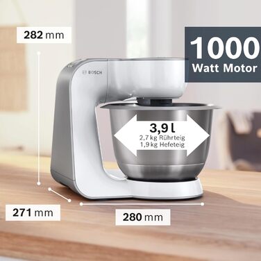 Кухонна машина Bosch Serie 4 MUM58200 гак для замісу, вінчик та міксер з нержавіючої сталі, чаша зі сталі (можна мити в посудомийній машині), 3D-система змішування, білий/сріблястий