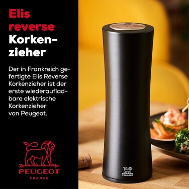 Електричний штопор Peugeot Elis Reverse 21 см, чорний I акумуляторний, електричний винний штопор з PEFC Бук I Набір відкривачів для вина з різаком для капсул і зарядним кабелем I Аксесуари для вина