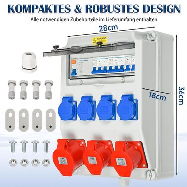 Настінний розподільний щиток живлення, попередньо підключений, 4 шт. 230 В 2 шт. CEE 16 A CEE 32 A, розподільний щиток живлення для будівельного майданчика з пристроєм захисного відключення (RCD) 50 А та автоматичним вимикачем, водонепроникний корпус IP67