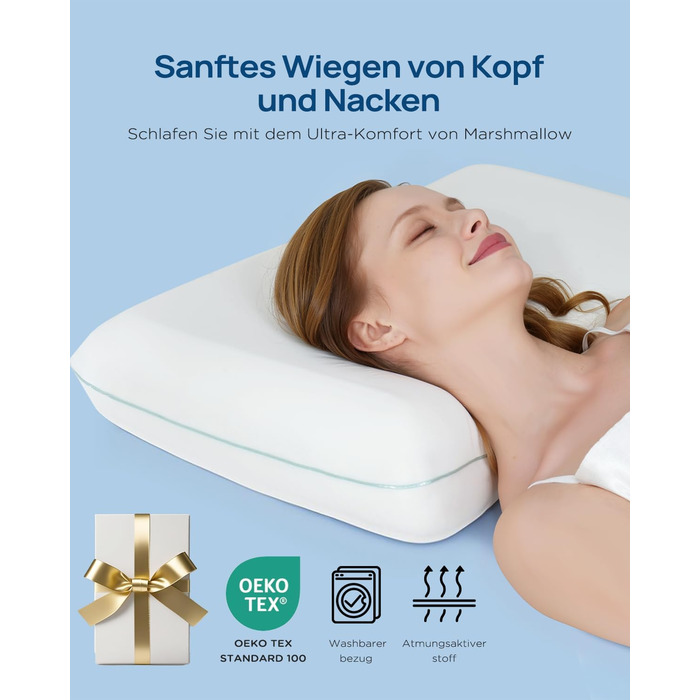 М&39яка охолоджувальна подушка, подушка з піни з ефектом пам&39яті 40x60, охолоджувальна подушка для сну, ортопедична подушка від болю в шиї, ергономічна подушка для підтримки шиї, подушка проти хропіння для тих, хто спить на боці, 40 x 60 см, білий-м&39я