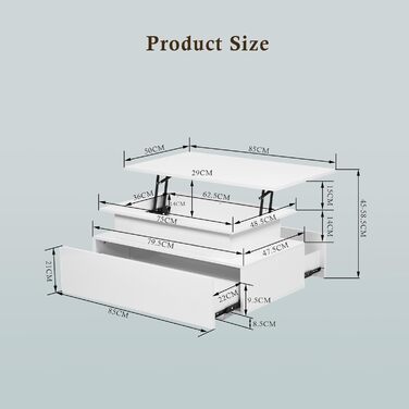 Журнальний столик з регульованою висотою, глянцевий стіл для вітальні зі світлодіодним підсвічуванням, відкритою полицею для демонстрації та 2 шухлядами, сучасний, 85 x 50 x 45 см, білий