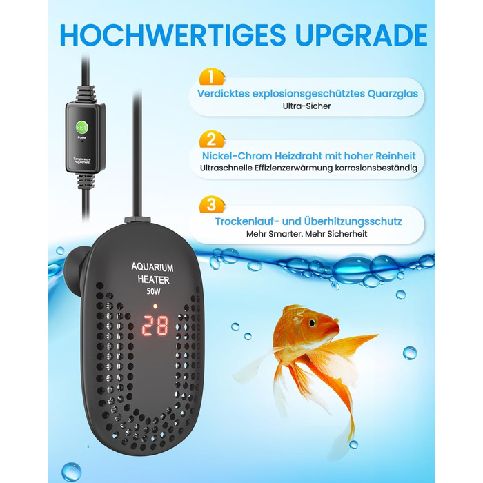Акваріумний обігрівач DoRight 50W 50L Ultra Heater з термометром, інтелектуальний цифровий світлодіодний дисплей температури, захист від перегріву, зовнішній контролер температури, термостат для Betta
