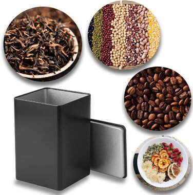 Чайних банок для розсипного чаю, квадратні чайні банки, металеві банки для зберігання з кришками, класичні банки для кави, банки для спецій, контейнер для зберігання чаю (85 x 85 x 130 мм, чорний), 6