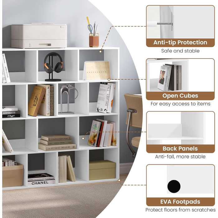 Книжкова полиця eSituro, окремостояча полиця з 14 відділеннями, кубічна полиця, полиця для зберігання, офісна полиця, відкрита полиця для вітальні, кабінету, офісу, компактна, 120x120x30 см, білий