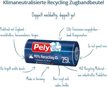 Пакети для сміття Pely зі шнурком, виготовлені з 95 переробленого матеріалу, 25 літрів - кліматично нейтралізовані завдяки компенсації, вигідна упаковка (17 x 17 шт. ), для утилізації