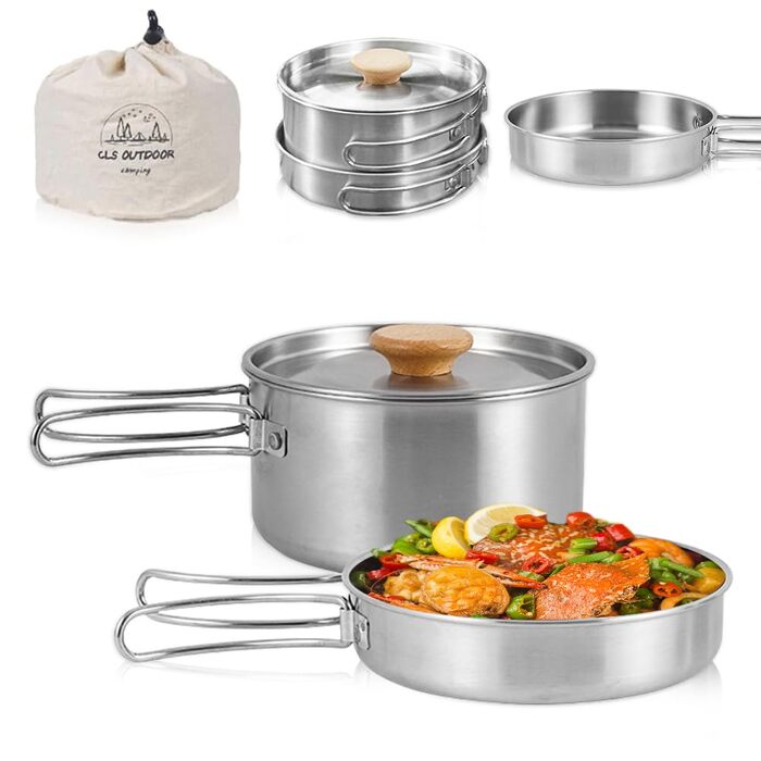 Набір посуду для кемпінгу з нержавіючої сталі каструля з кришкою та складаною ручкою, портативний посуд для туризму, походів, риболовлі та пікніків