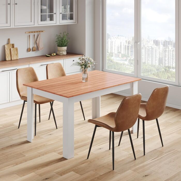 Обідній стіл Mondeer, кухонний стіл на 4-6 осіб, мінімалістичний дерев&39яний стіл для кухні, їдальні, вітальні, Ш138 x Г90 x В75 см, білий та дубовий.