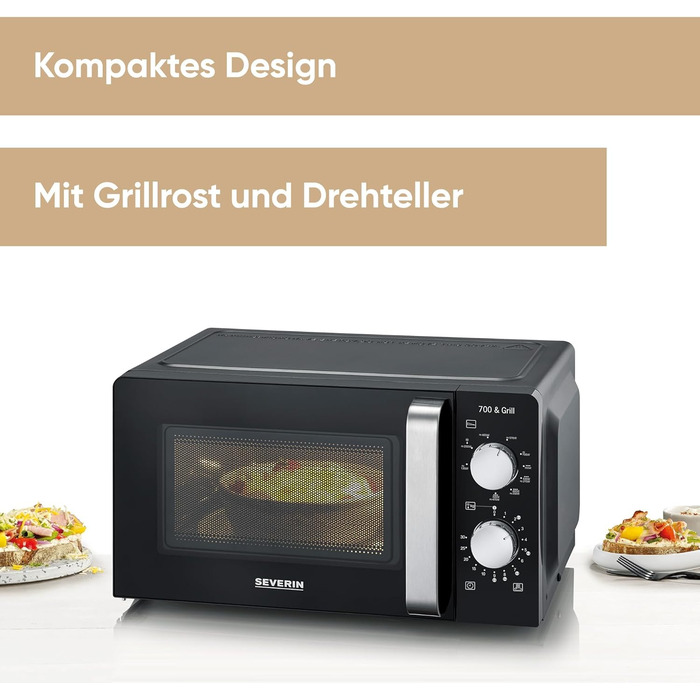 Мікрохвильова піч SEVERIN 2-в-1 з грилем 700 Вт, 900 Вт гриль, духова шафа з 9 автоматичними програмами, мікрохвильова піч з решіткою гриля і поворотним столом, чорний / нержавіюча сталь, MW 7781 чорний, 17л